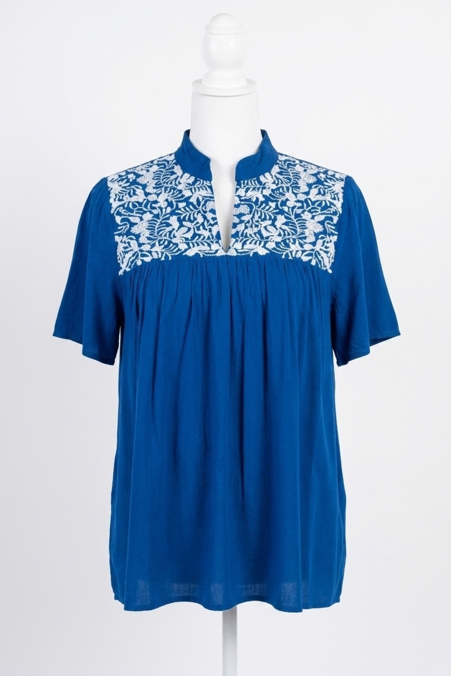 NEW LAYERZ CLOTHING embroidered ruffle collar top in royal